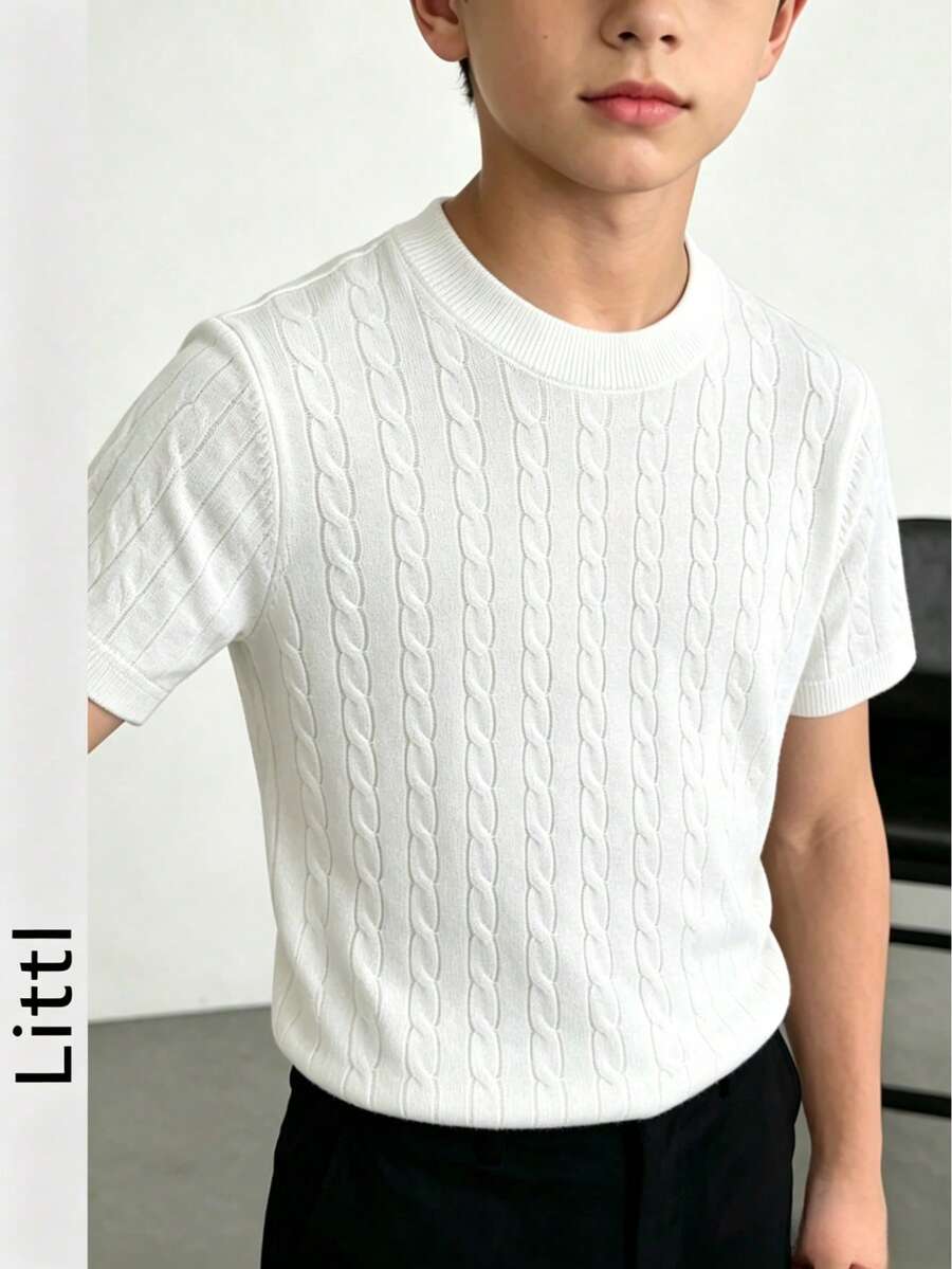 Boys' Basic Solid Color Cable Knit Short Sleeve Sweater, Children's Casual Round Neck Knit Top, Versatile Everyday Knitwear - White - View 1