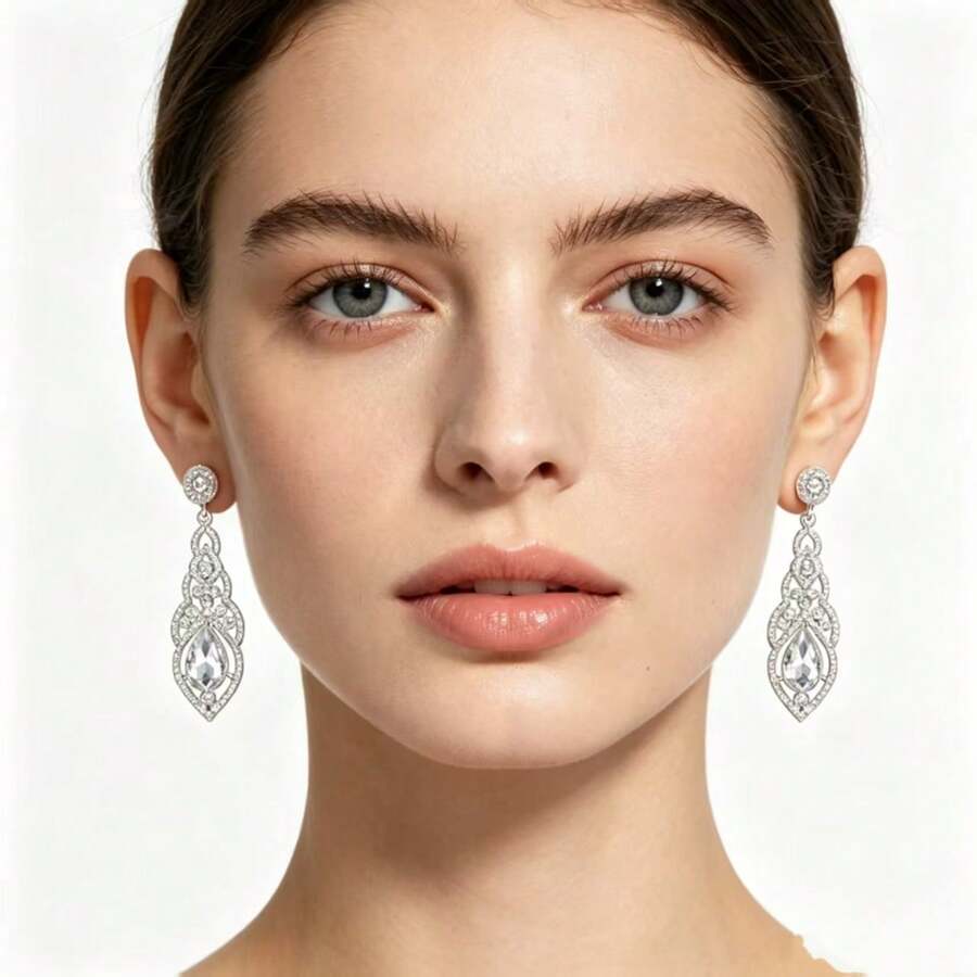 European And American New Exaggerated Shiny Bridal Wedding Stud Earrings Classic Rhinestone Long Earrings - White - View 1