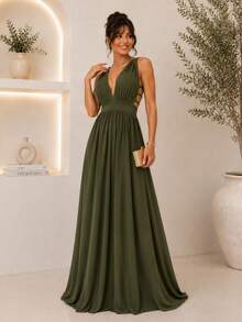 Cheap Bridesmaid Dress For Party Guests, Reception, Graduation, Without Shine, Open On The Side - Verde militar - Ver 2