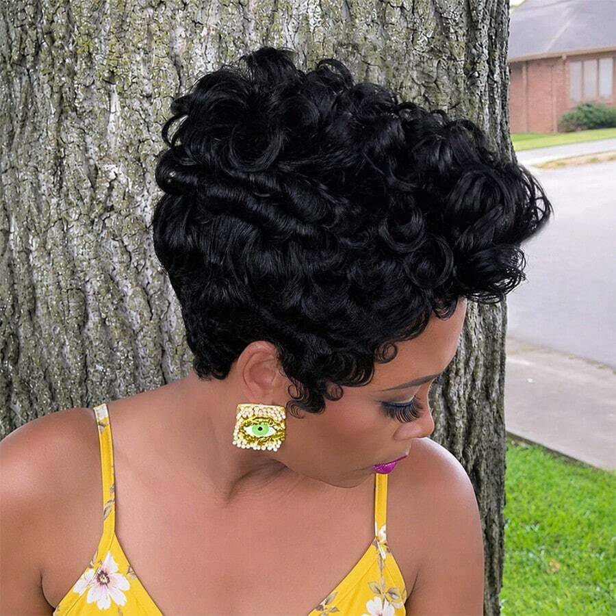 Put On And Go Chic Pixie Cut Wig With Bangs For Women 180% Density 6 Inch Short Curly Brazilian Remy Human Hair Pre-Plucked Short Bob Wigs Full Machine Made Ideal For Daily Use & Halloween And Christmas Wear - Natural Black - 查看 1