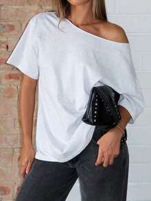 Women's Solid Color Asymmetric Neck Loose T-Shirt, Beach & Resort Wear, Spring/Summer Casual White - White - View 1