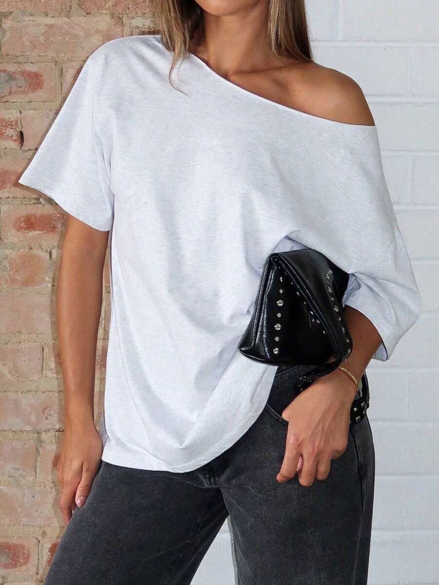 Women's Solid Color Asymmetric Neck Loose T-Shirt, Beach & Resort Wear, Spring/Summer Casual White - White - View 1