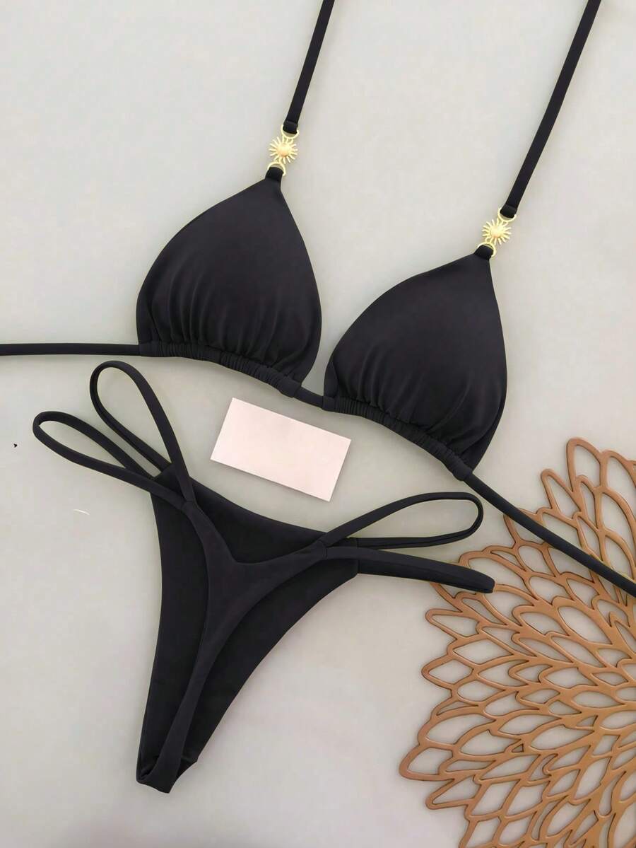 2er Set lässiger eleganter sexy Bohemian Bikini mit Blumen-Batik-Besatz, geeignet für Strand & Urlaub, Frühling/Sommer Urlaub Schwarz - Schwarz - Übersicht 1