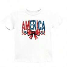 White T-Shirt For Toddlers With Patriotic 4th Of July Print, Casual, Short Sleeve, , Kindergarten Graduation, 4th Of July Girls, Children's Items, Clothing - 淺藍色 - 查看 1