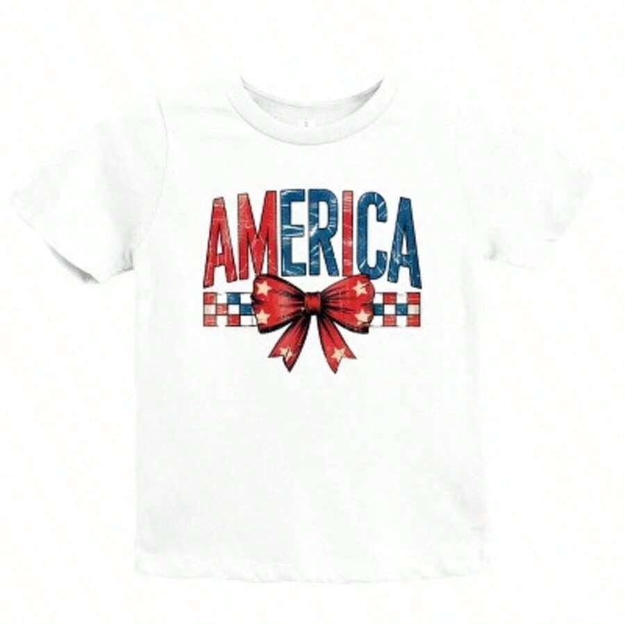 White T-Shirt For Toddlers With Patriotic 4th Of July Print, Casual, Short Sleeve, , Kindergarten Graduation, 4th Of July Girls, Children's Items, Clothing - 淺藍色 - 查看 1
