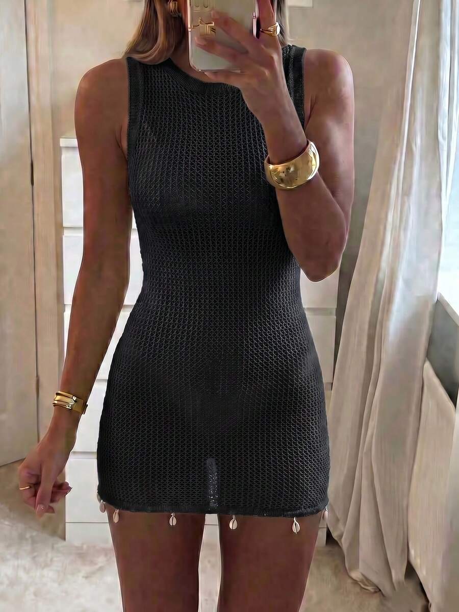 夏季女款性感優雅蕾絲設計粉色洋裝,休閒針織沙灘洋裝泳裝罩衫,適合度假與外出,黑色 - 黑色 - 查看 1