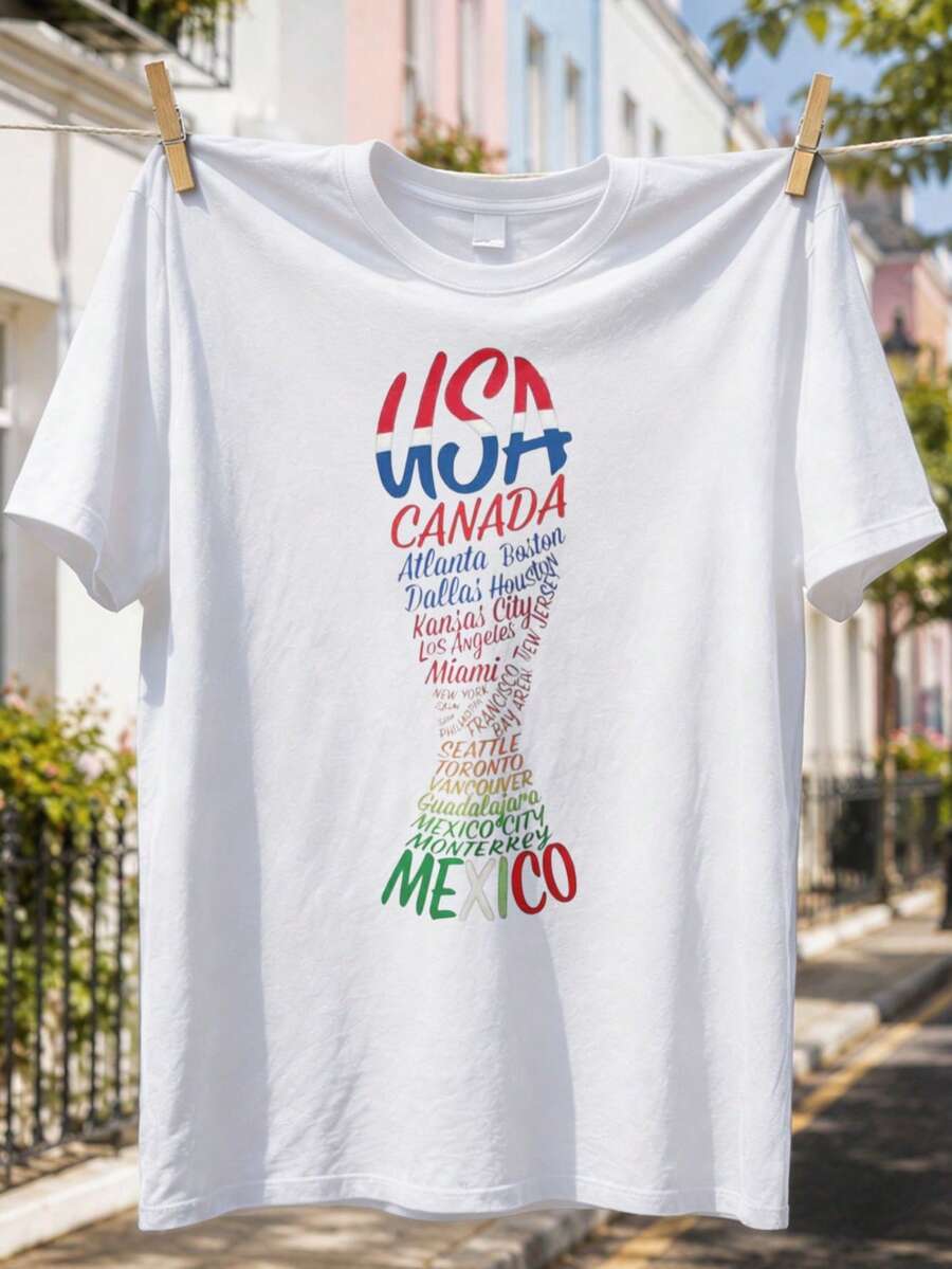 USA Canada Mexico City List T-Shirt, Trophy Shaped Typography In Tricolor Flag Shades And Host City Names - 白色 - 查看 1