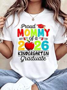 Women's Cotton T-Shirts, Proud Mommy Of A 2026 Kindergarten Graduate T-Shirt For Mother Graduation Celebration Gift For Mom School Event Party Wear, Basic Women's Blouses - 白色 - 查看 7