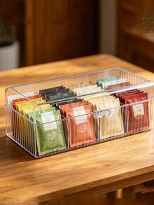 Transparent Vertical Striped Acrylic Tea Bag Storage Box With Hinged Lid, Divided Coffee Bag Storage Box, Countertop Office Pantry Herbal Tea Bag Dust-Proof Container - Transparent - View 4