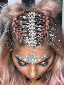 1pc DIY Resin INS Colorful Face Rhinestone Stickers, Super Shiny Head Rhinestone Hair Accessories, Rhinestone Stickers For Head And Forehead Decoration, Hair Accessories, Free Tweezers And Clips - Multicolor - View 1