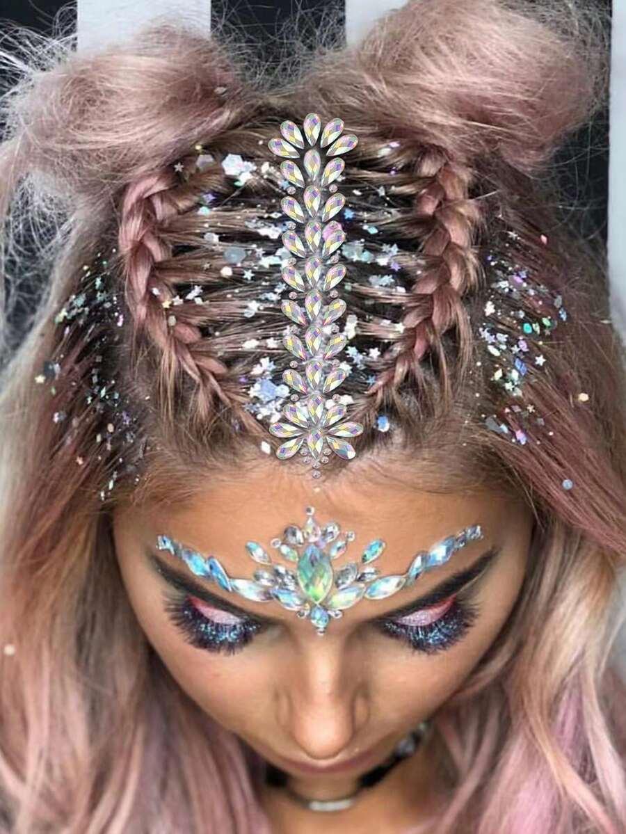 1pc DIY Resin INS Colorful Face Rhinestone Stickers, Super Shiny Head Rhinestone Hair Accessories, Rhinestone Stickers For Head And Forehead Decoration, Hair Accessories, Free Tweezers And Clips - Multicolor - View 1