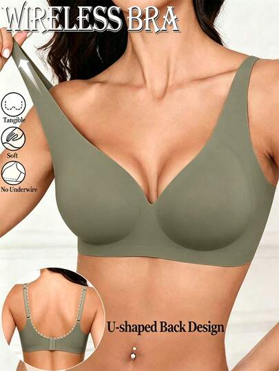 Women's Wireless Push-Up Bra, Seamless Bra With Removable Pads, Comfortable Casual Lift Seamless V-Neck Basic Bra