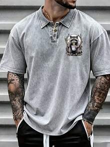 Men's Vintage Washed Raccoon Eating Noodle Moon Branch Art Left Chest Print Casual Polo Tee - 灰色 - 查看 1