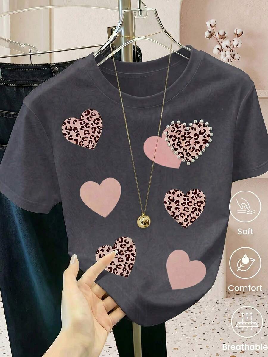 Women's Casual Black Short-Sleeved T-Shirt With Pink Leopard Print Heart Appliqués And Pearl Embellishments, Regular Fit Polyester Top With Round Neck And Lightweight - 淺灰 - 查看 1