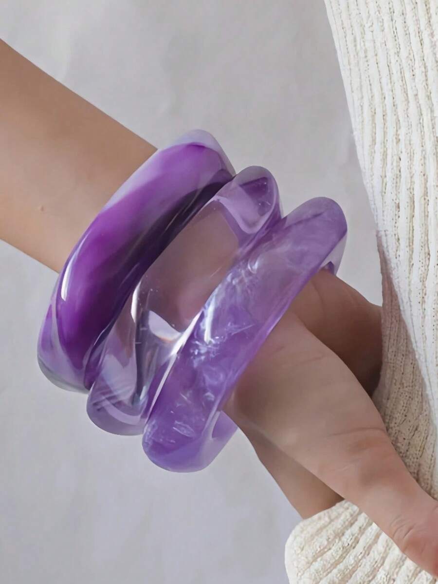 3件組紫色復古藝術感紮染樹脂幾何圓形手鐲女款 - 彩色 - 查看 1