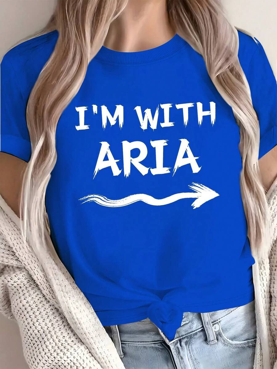 Women's "I'M With ARIA" T-Shirt By TOGETHER, 100% Pure Cotton, Bohemian Style - 100% Casual And Comfortable, With Striking White Lettering And A Right Arrow Design, Suitable For Everyone. - 藍色 - 查看 1