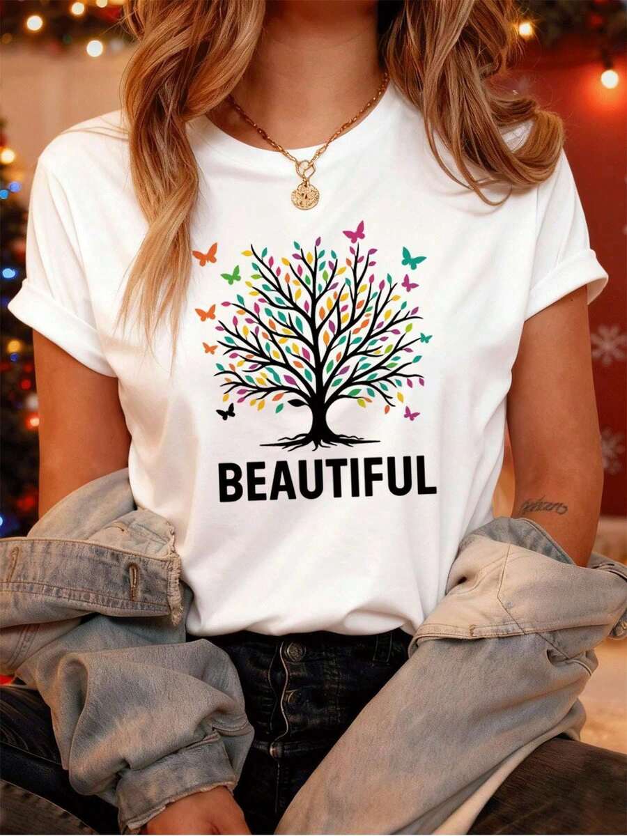 poeselle mujer poeselle mujer Camiseta gráfica de mariposa y árbol. Tejido premium, corte holgado, transpirable, estilo urbano hip-hop - Blanco - Ver 1
