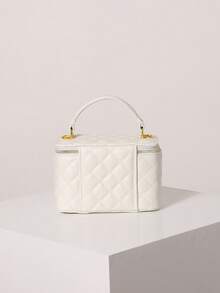 Elegant Diamond Pattern Mini Vanity Bag, Vintage Camellia Hardware Top Handle Handbag With Detachable Chain Shoulder Strap - White - View 6