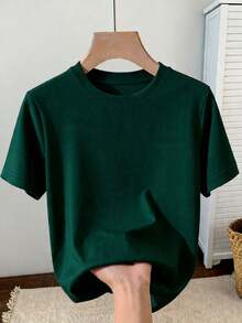 Resyla Camiseta de manga corta de unicolor minimalista para uso diario y casual, ideal para el verano - Verde Oscuro - Ver 1