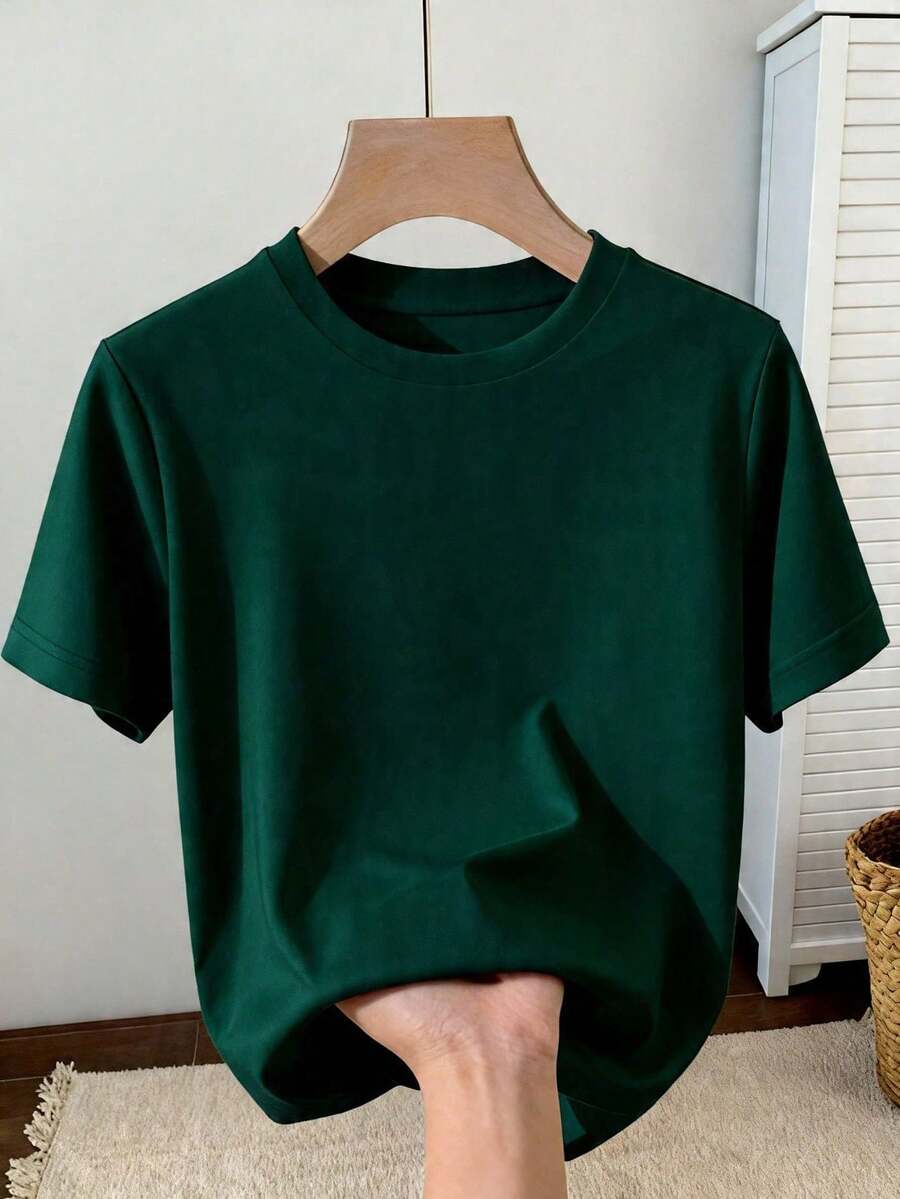 Resyla Camiseta de manga corta de unicolor minimalista para uso diario y casual, ideal para el verano - Verde Oscuro - Ver 1