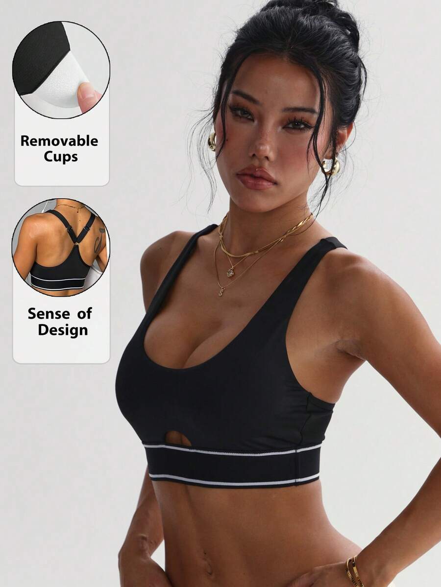 Women's Solid Color Removable Padded Round Neck Backless Sports Knit Bra Black - Black - View 1