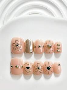 10pcs Sweet Cool Style Handmade Press-On Nails, Polymer Nail Tips Set, Small Flower Heart Pattern, Gold Nail Polish, Exquisite Elegant Style, Includes Manicure Tools, 3 Sizes Available (Square, Short Square, Almond), Suitable For Parties, Dancing, Daily Wear - 彩色 - 查看 17