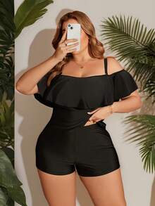 Swim Lushoire Top tankini de cuello halter con volantes negros para mujer talla para verano - Negro - Ver 1