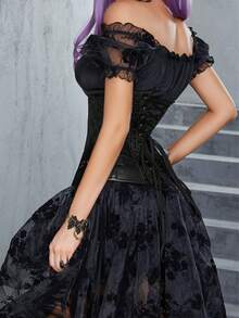 Black Dark Pattern Jacquard Rivet Waist Cincher Corset With Front Metal Hooks And Back Lace-Up Boning Waist-Shaping Gothic Punk Waist Trainer Vest - Black - View 8