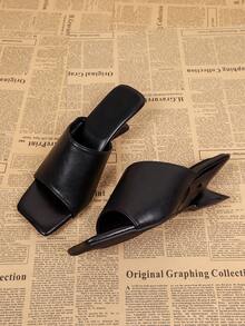 Summer Square Toe Open Toe Wedge Sandals, Comfortable Versatile Slip-On Women's High Heel Sandals - Black - View 3