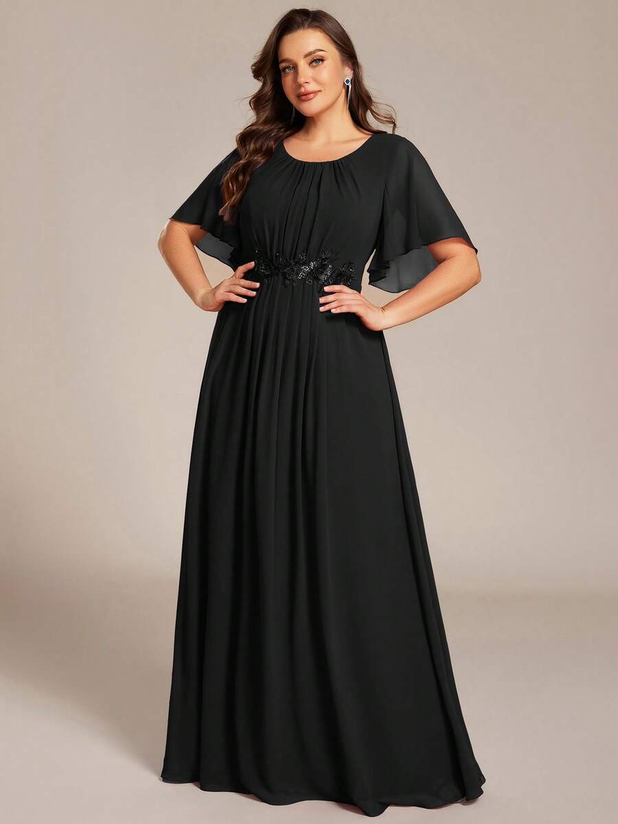 EVERPRETTY Elegant Black Plus Size Mother Of The Bride Dress, Round Neck With Ruffle Sleeves, Floral Applique Waist Design, Chiffon Maxi Skirt Wedding - Black - View 1