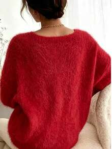 Suéter de mujer de punto de terciopelo fino de unicolor con cuello en V, rojo de otoño/invierno - Rojo - Ver 2