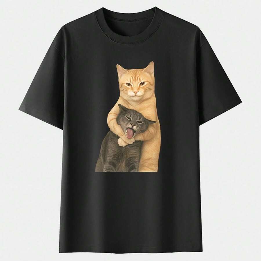 Camiseta lavable de 230g con estampado de momento de discusión entre gatos, camiseta de marca de moda retro batik de alta calidad, camiseta de hombre, camiseta de verano para hombre, regalo - Blanco - Ver 1