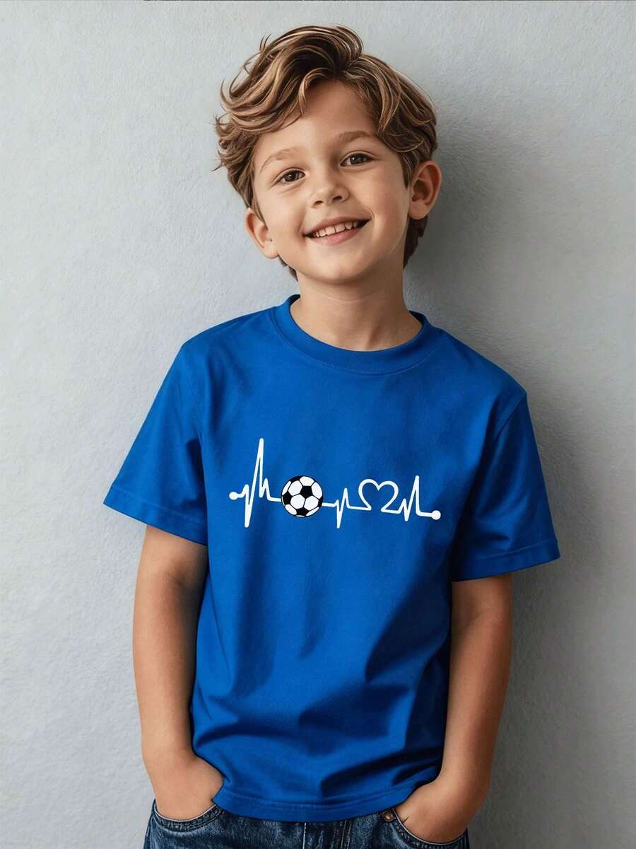Boys' Crew Neck T-Shirt, Modern Design With Football Heart And ECG Line - Casual Sportswear, Suitable For Children Ages 5-13, Perfect For Holidays - 寶藍色 - 查看 1