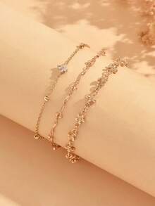 3pcs/Set Classic Popular Small Flower Chain Decor Fashion Rhinestone Four-Leaf Clover Women's Anklet Jewelry Suitable For Daily Wear, Beach Travel And Date Wear, Handmade Chain Cut To Length With Variable Number Of Links - Gold - View 3