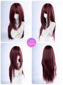 alicegarden 30-Inch Long Synthetic Wig Featuring A Natural Straight Style A Stunning Burgundy. Designed With Bangs, This False Hairpiece Is Perfect For Ms Daily Party Cosplay Use, Offering A Natural And Natural Durable Wig Gift For Ladies. - Burgundy - View 7