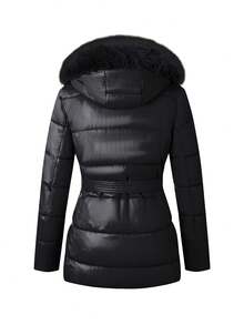 Giolshon Women's Faux Leather Down Jacket, Faux Fur Collar, Teacher Outfit, Adjustable Waistband, Fashionable For Commuting And Layering In Autumn/Winter - Black - View 3