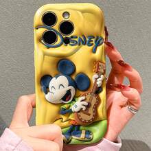 Hawaii Style Mickey Mouse Phone Case, Plush Mickey In Tropical Print Tee And Slide Sandals Strumming Ukulele, Raised Blue Disney Logo On Butter-Yellow Cushioned Base. Precise Hole Alignment, Anti-Slip Texture,  Summer-Style Daily Case. - 白色 - 查看 1