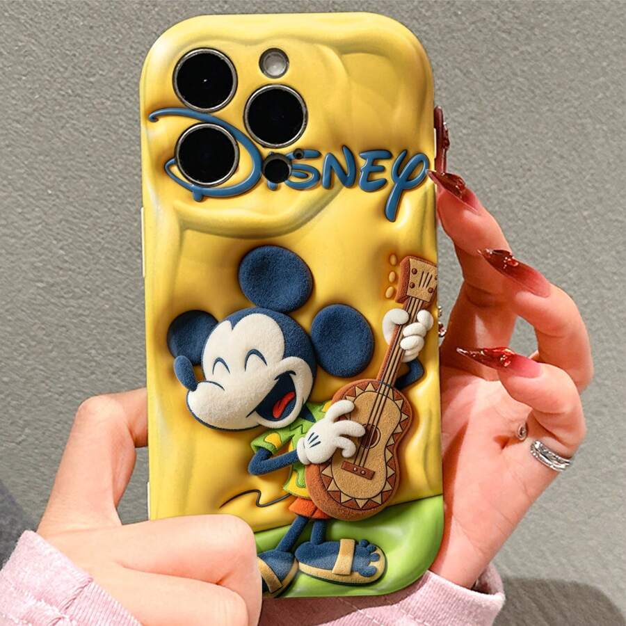 Hawaii Style Mickey Mouse Phone Case, Plush Mickey In Tropical Print Tee And Slide Sandals Strumming Ukulele, Raised Blue Disney Logo On Butter-Yellow Cushioned Base. Precise Hole Alignment, Anti-Slip Texture,  Summer-Style Daily Case. - 白色 - 查看 1