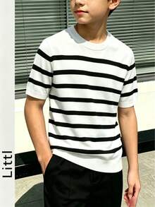 Boys' Classic Black And White Striped Knit Short Sleeve T-Shirt, Round Neck Slim Fit Basic Casual Summer Children's Knit Top - White - View 6