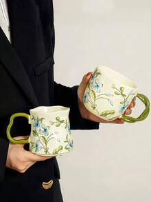 1 peça Chávena de café de cerâmica com flor azul e folha verde, chávena de cerâmica assimétrica de estilo europeu, chávena de café, caneca, chávena de café latte, design fresco, chávena de leite para pequeno-almoço em casa, chávena de sumo, chávena para bebidas frias, chávena de chá com leite, chávena de presente, utensílios para beber - Multicolorido - Ver 12