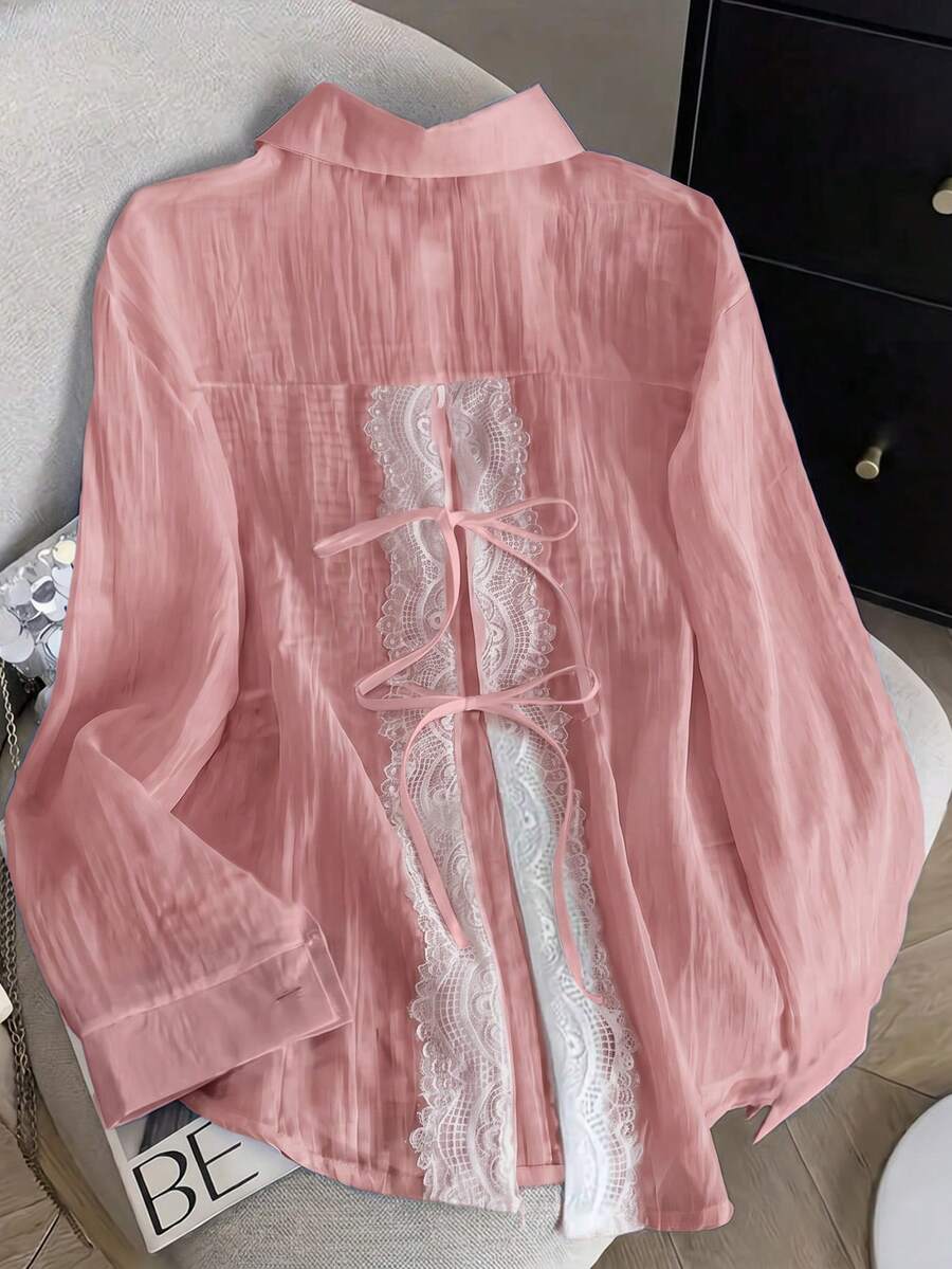 女款輕量蕾絲飾邊半透明疊穿襯衫,時尚紳士風修身女上衣,粉色 - 粉色 - 查看 1