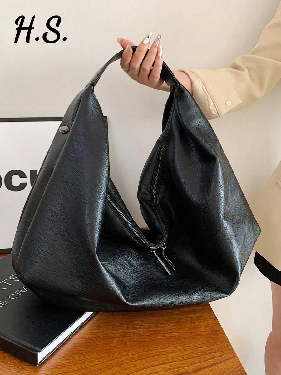 Fashionable Minimalist Large Capacity Handbag, Soft Leather Casual Tote Bag, Retro Relaxed Style, Suitable For Daily Use, Crescent-Shaped - Black - View 1