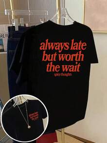 Siempre Llega Tarde Pero Vale la Pena Esperar, Camiseta con Estampado de Pensamientos Picantes, Manga Corta, Cuello Redondo, Prenda Superior Casual para Verano y Primavera, Ropa de Mujer - Negro - Ver 2