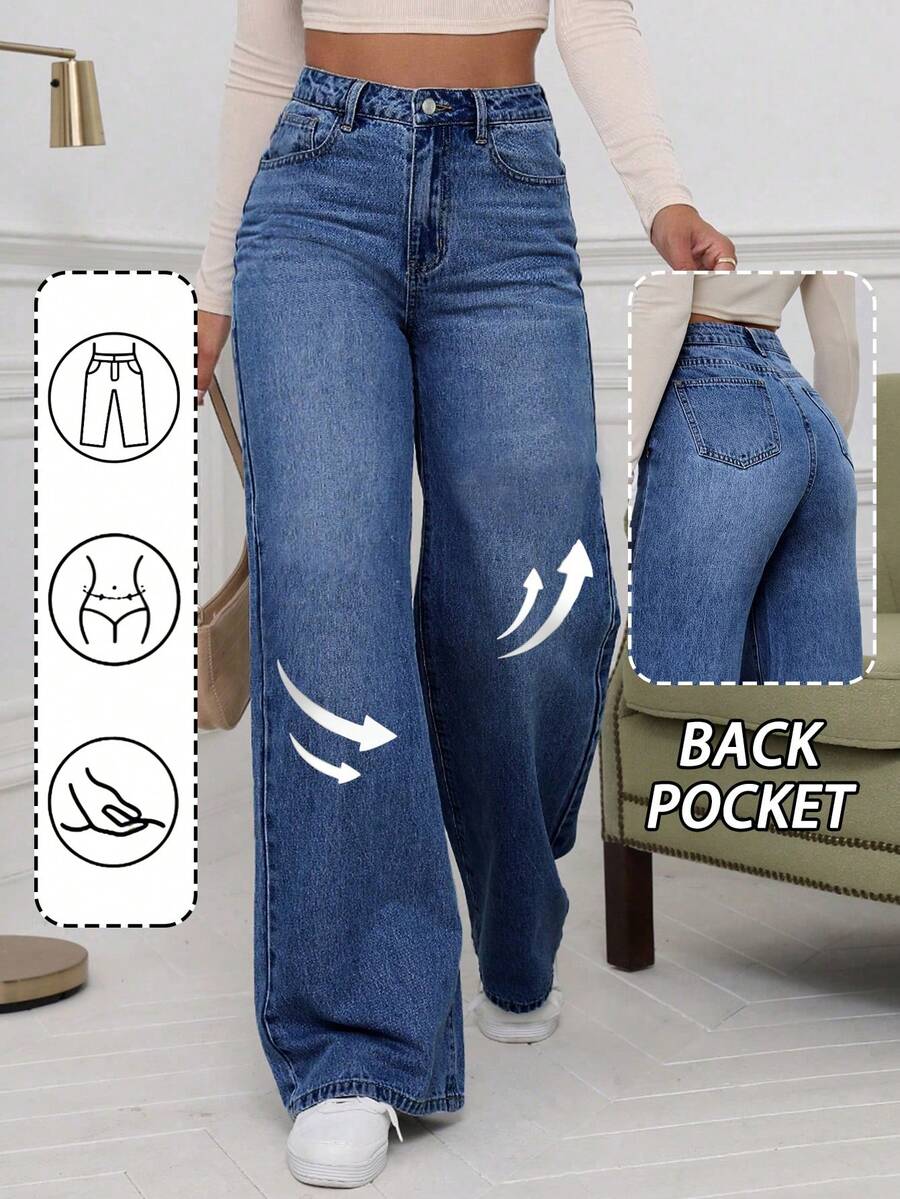 Pantalones vaqueros anchos de pierna ancha con bolsillos casuales para mujer de talla grande,estilo femenino, una opción de moda para el verano,para llevar a diario en tu día a día. - 2043 - Ver 1