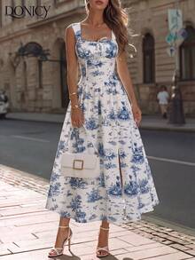 DONICY Women's White & Blue Floral Print Sleeveless Midi Dress, Square Neck Ruched Bust Design, Casual Vacation Wear - Multicolor - View 10