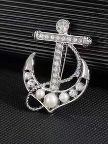 Broche de ancla de doble tono dorado y plateado para hombres, pin de solapa de estilo náutico con diamantes de imitación y perlas, accesorio de boda formal, regalo - Ancla - Ver 2