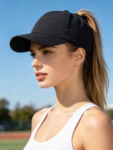 1 pieza Gorra de béisbol de malla transpirable de secado rápido de unicolor con orificio para coleta, gorra de béisbol ajustable, deportes al aire libre - Gorra de béisbol de secado rápido para coleta - Ver 2