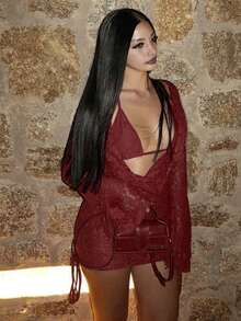 Nuevo conjunto de top de manga larga de encaje con cintas y falda corta de estilo casual monocromático - Burdeos - Ver 5