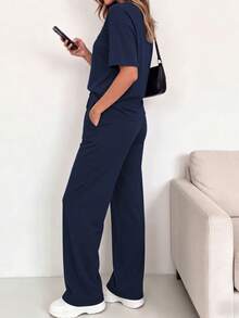 Spring/Summer Women's Comfortable Set, Women's Striped Print Round Neck Short Sleeve Top With Drawstring Casual Pants 2-Piece Set Elegant - Navy - View 4