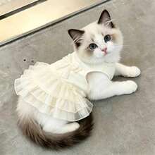 Vestido sin mangas con volantes de encaje para mascotas con decoración de lazo lindo, vestido de tirantes tejido para perro & gato, atuendo transpirable y elástico para cachorro & gatito, ropa casual de verano, adecuado para razas de perros & gatos pequeños & medianos (incluyendo Bichón, Labrador, etc.) - Beis - Ver 3